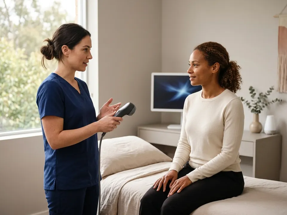 A specialist demonstrating an ultrasound body contouring tool to a patient in a clinic.