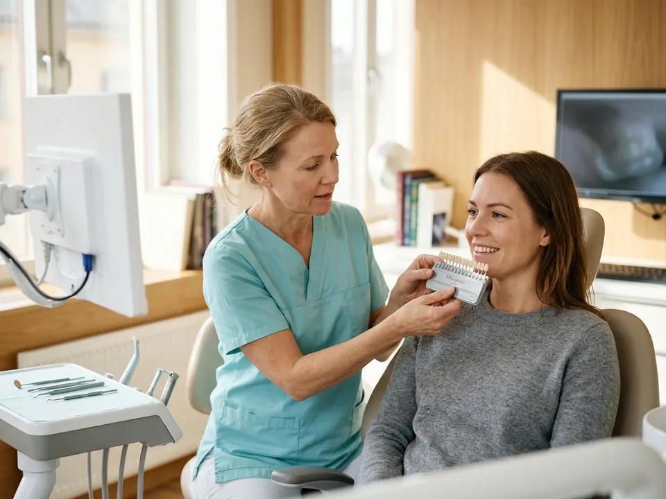 A dentist holding a tooth shade guide next to a patient's smile during a cosmetic consultation.