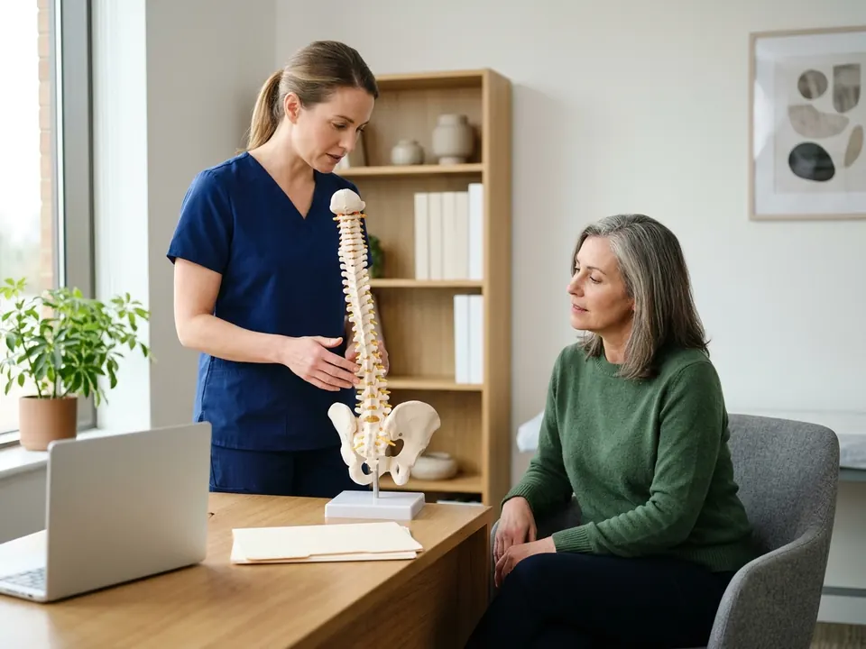 A neurosurgeon explaining a spine procedure to a patient using an anatomical model.