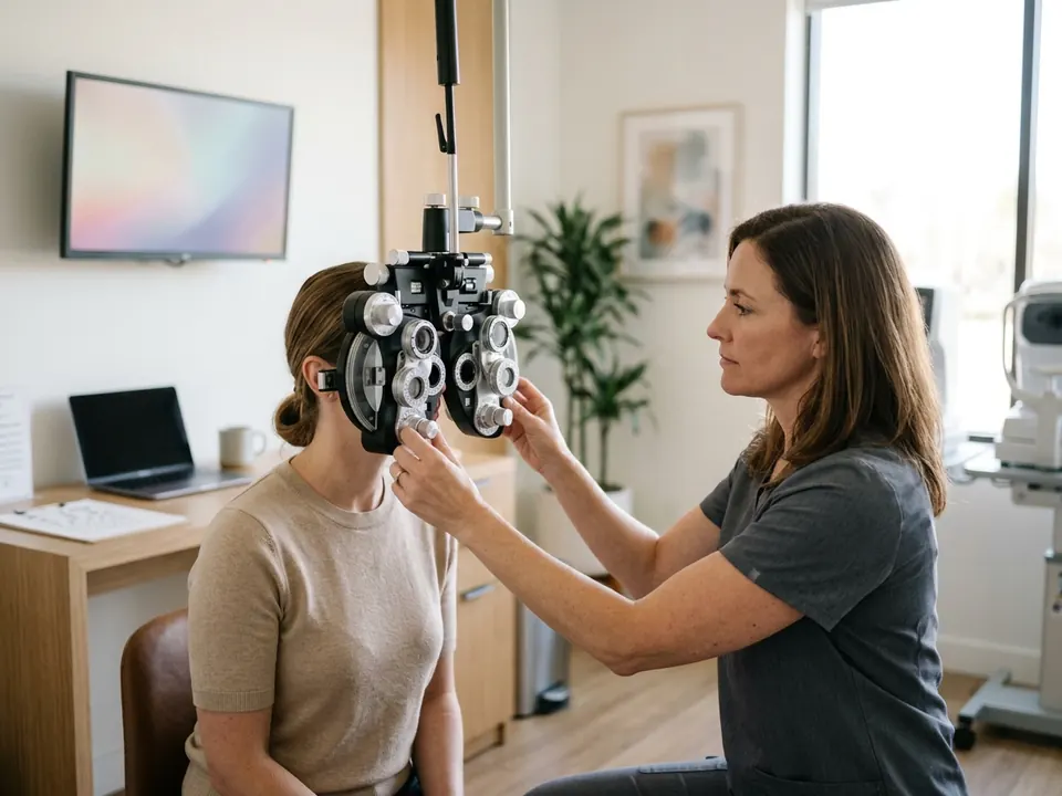An optometrist examining a patient's eyes using a modern phoropter system.