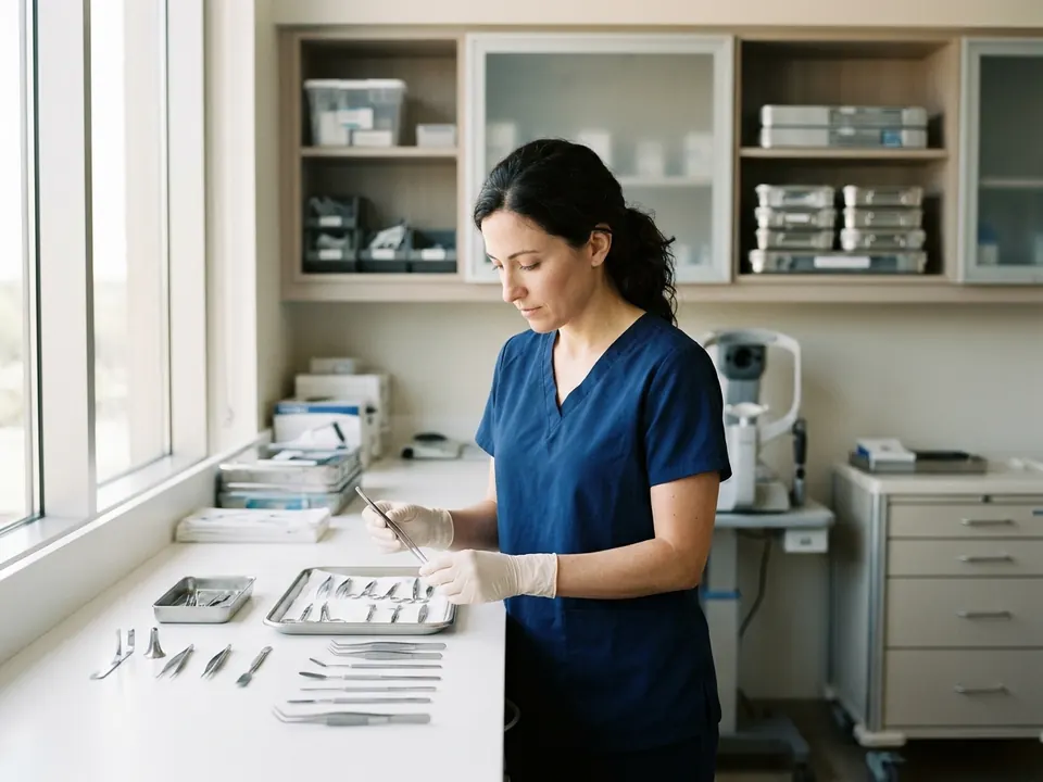 A specialist preparing eye surgery equipment inside a modern, sterile medical facility.