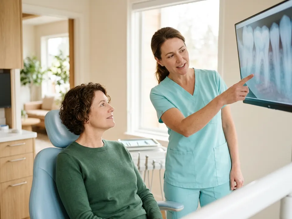 A dentist pointing out details on a digital dental X-ray to a seated patient.