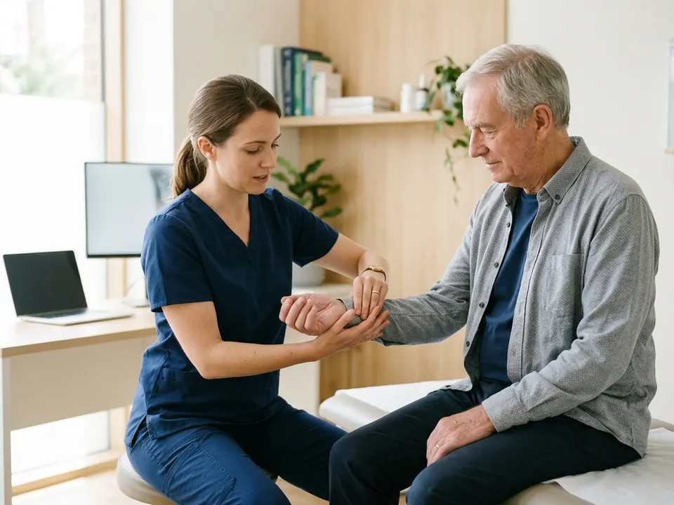 A doctor assessing a patient's wrist mobility in a bright examination room.