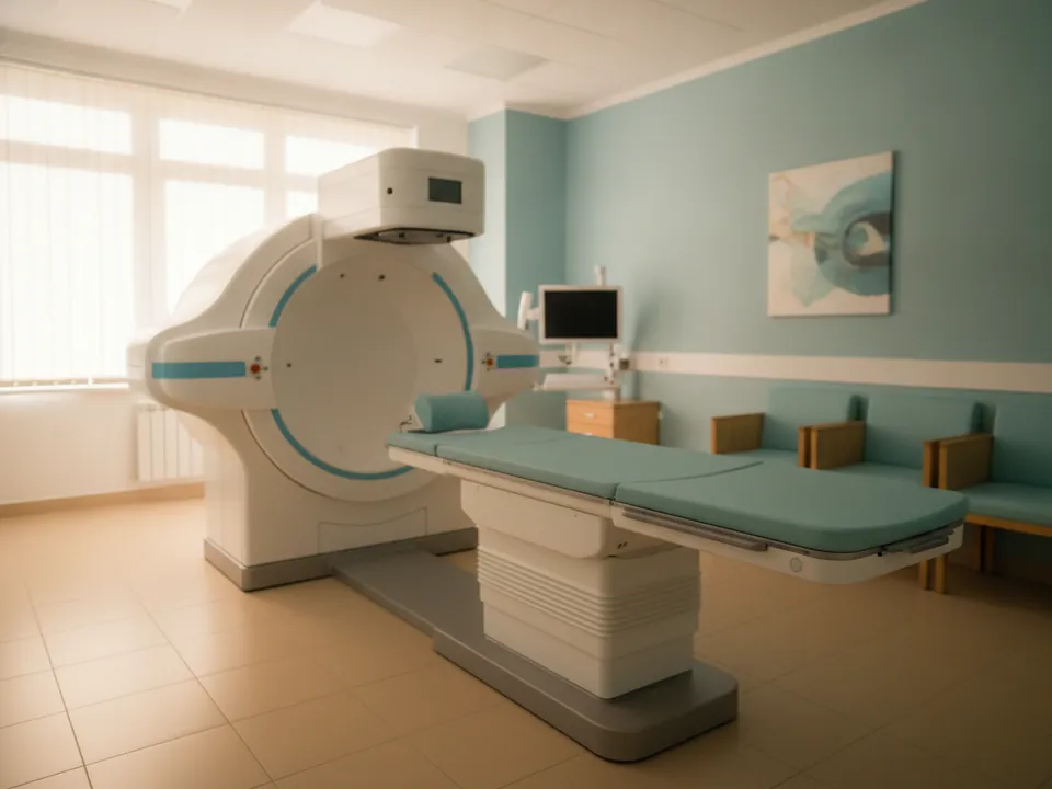 A modern radiotherapy machine in an oncology treatment room