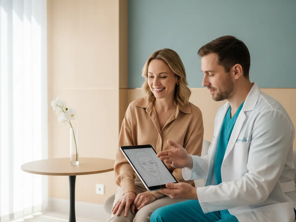 A cosmetic surgeon reviewing a treatment plan with a patient