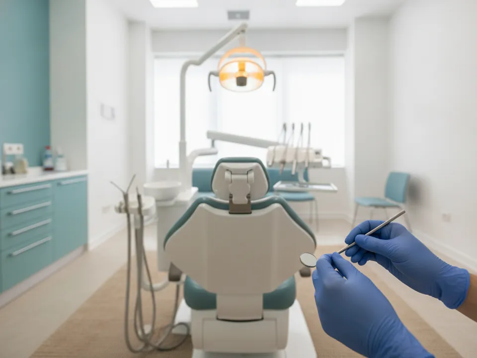 A modern dental treatment room with a dental chair and examination light