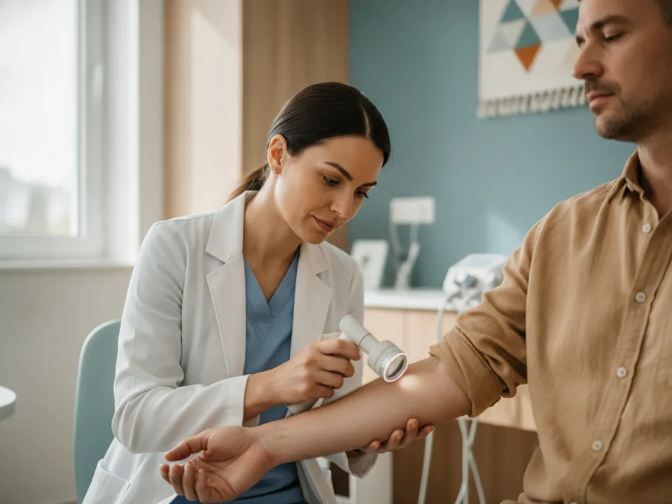 A dermatologist examining a patient's skin with a dermatoscope