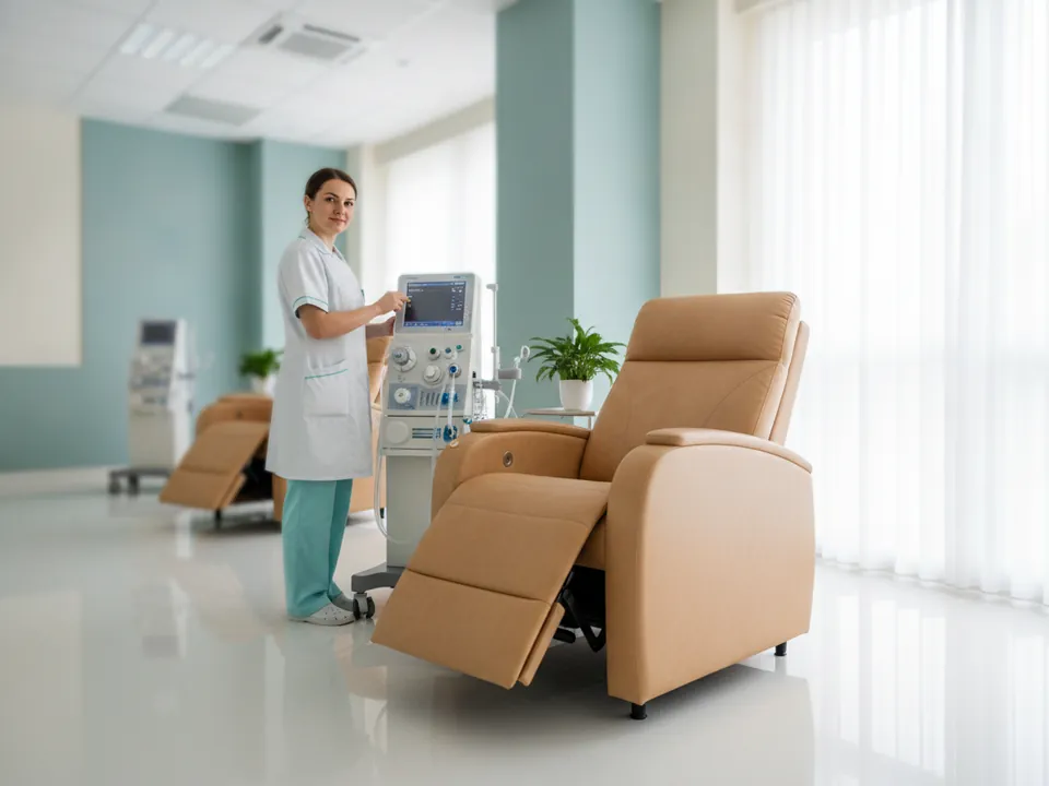 A nurse adjusting a dialysis machine in a modern dialysis unit