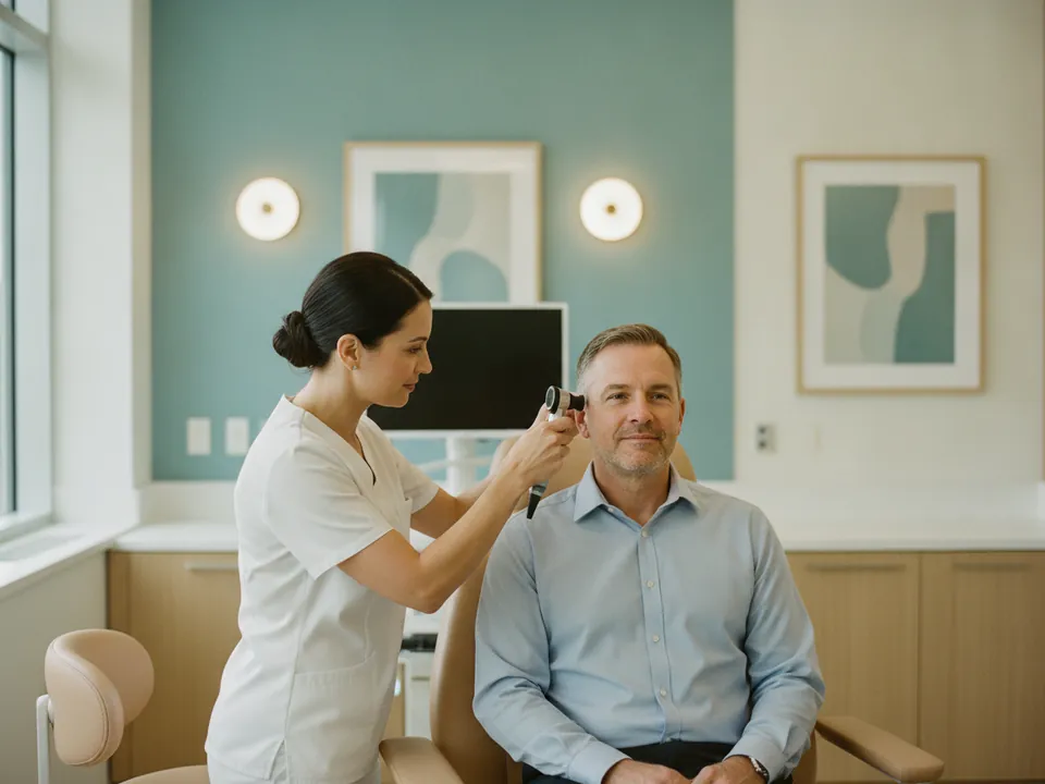 An ENT doctor examining a patient's ear with an otoscope