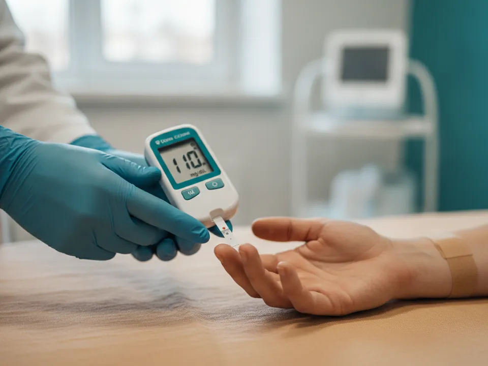 A doctor checking a patient's blood glucose