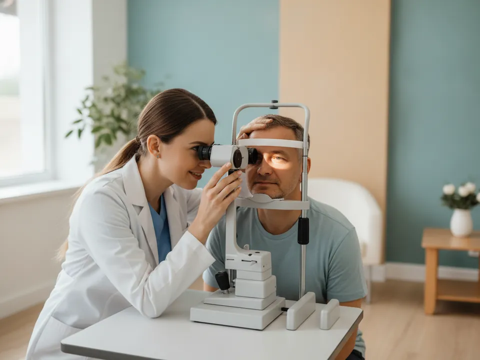 An ophthalmologist examining a patient with a slit lamp