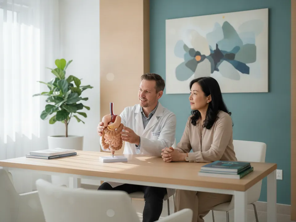 A gastroenterologist explaining the digestive system to a patient