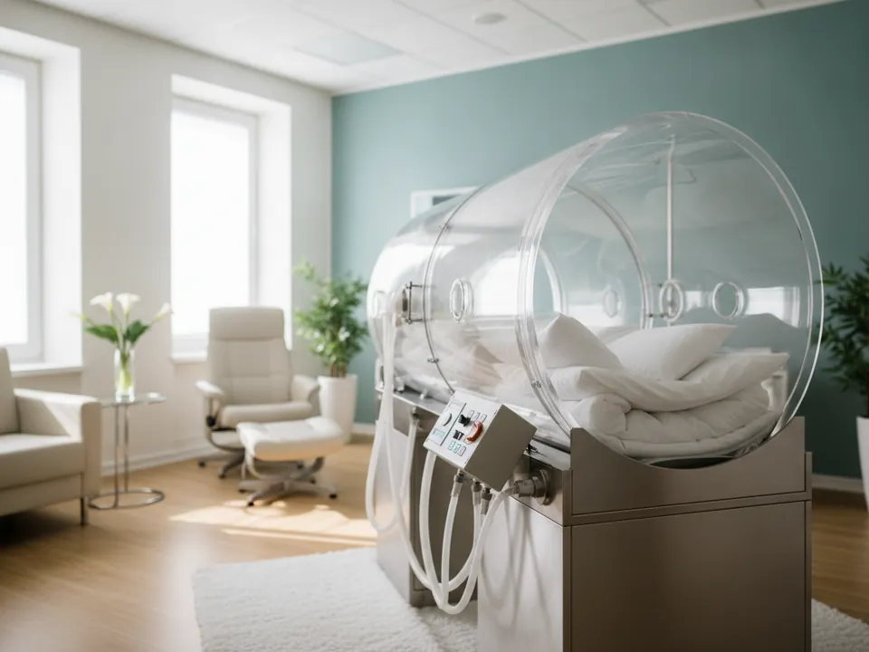 A hyperbaric oxygen chamber in a treatment room