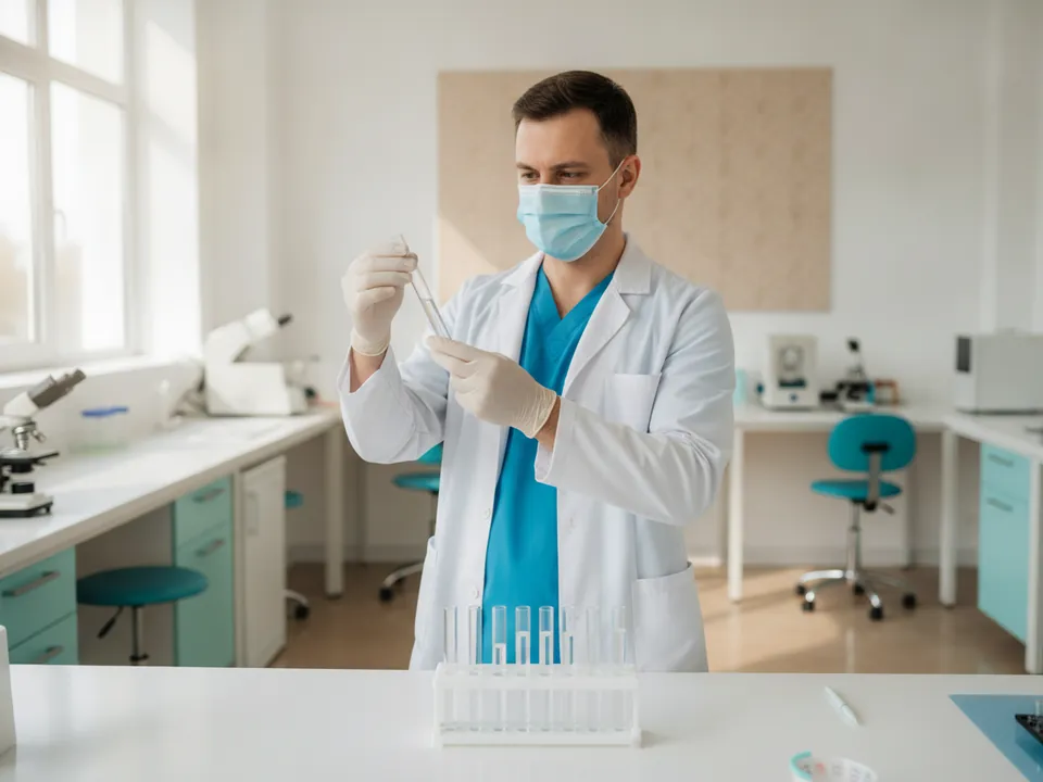 A doctor examining test samples in a laboratory