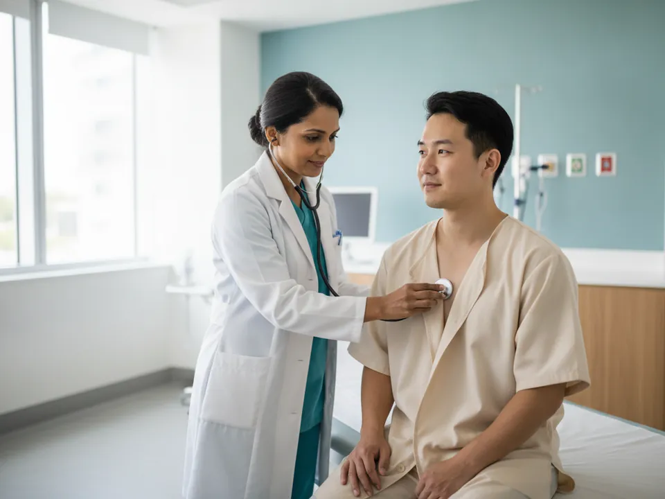 An internist examining a patient with a stethoscope