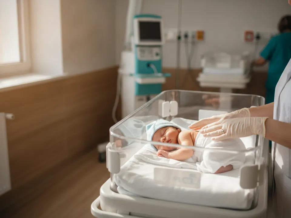 A newborn baby sleeping in a neonatal unit