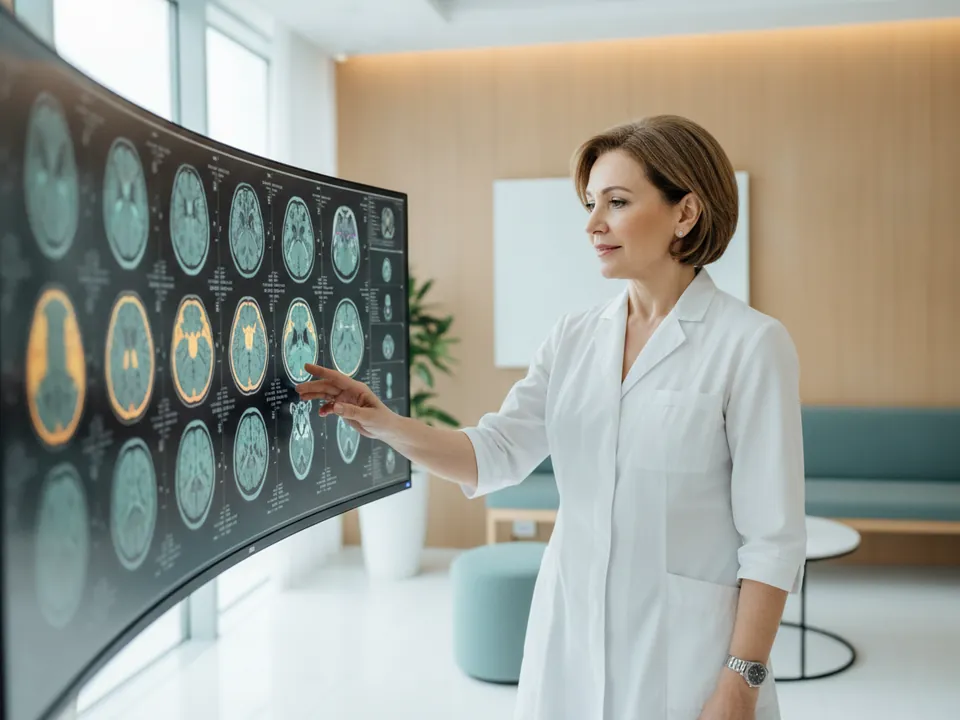 A neurologist reviewing brain MRI scans