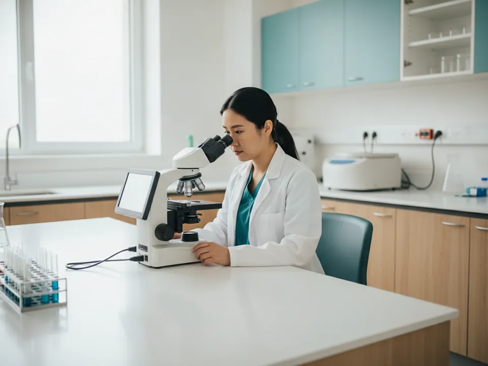 A pathologist examining a slide under a microscope
