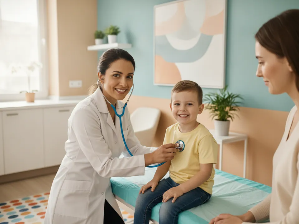 A pediatrician examining a smiling child