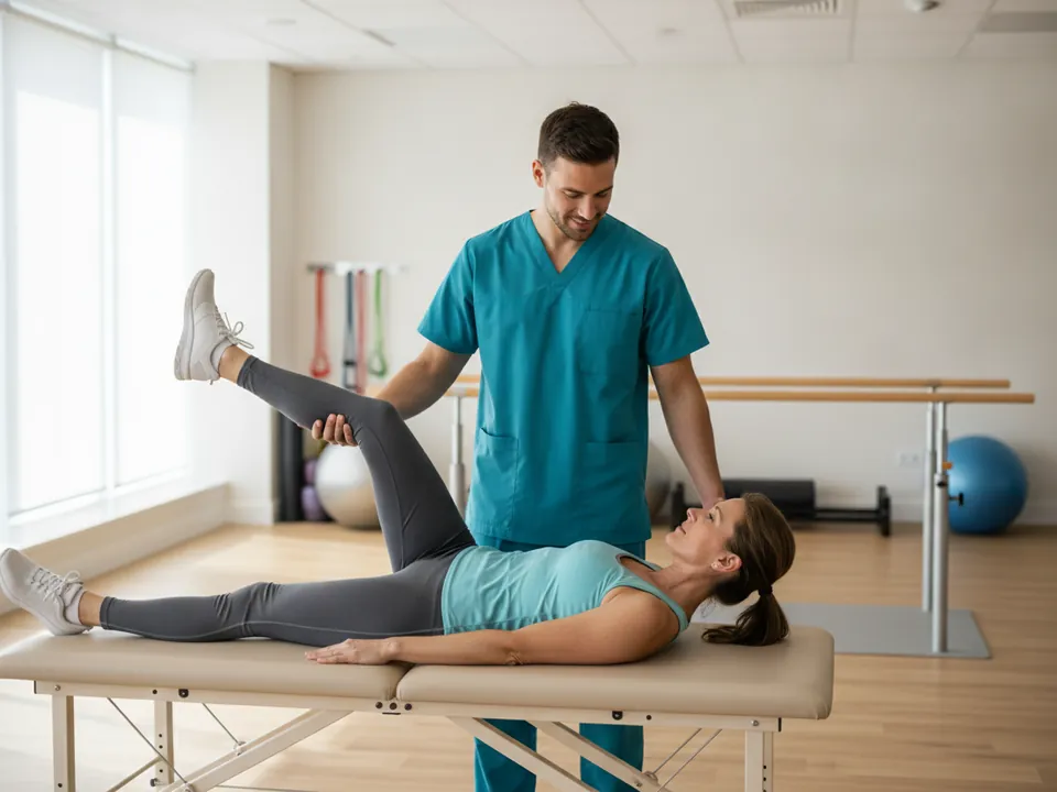 A physiotherapist guiding a patient through a rehabilitation exercise
