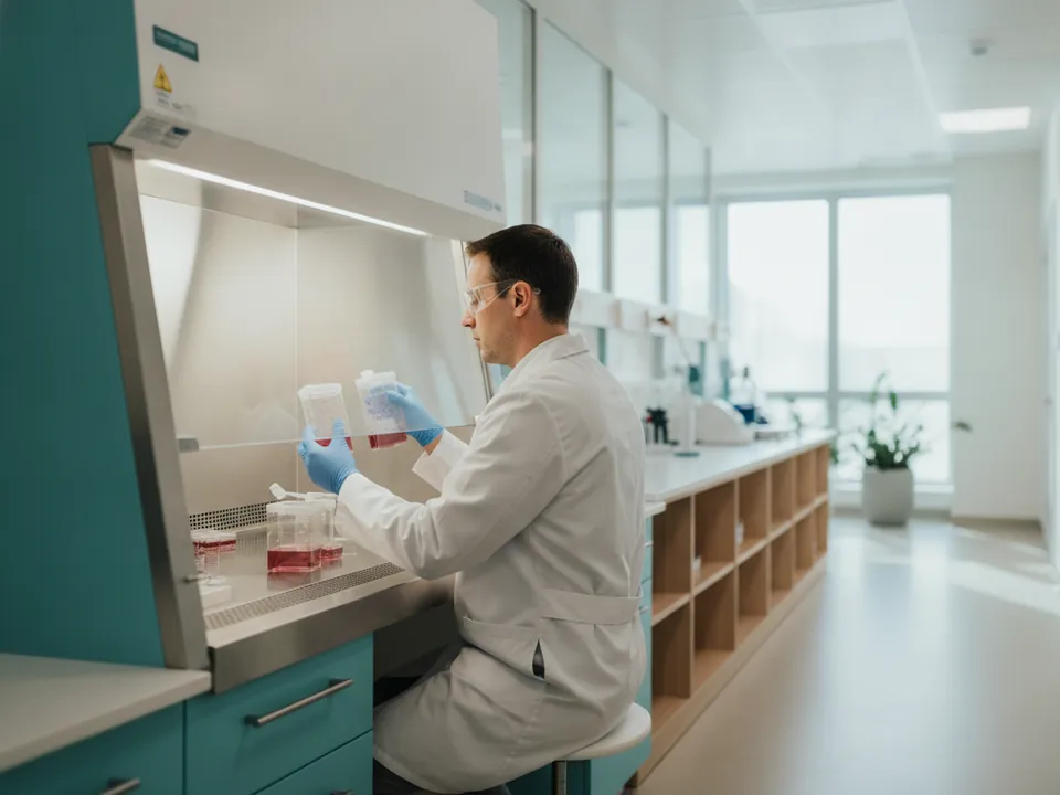 A scientist working with cell cultures in a laboratory