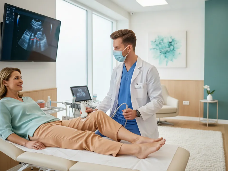 A vascular specialist performing a leg vein ultrasound